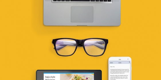 Screen time hurting eyes promotion glasses on yellow background with laptop, tablet and phone