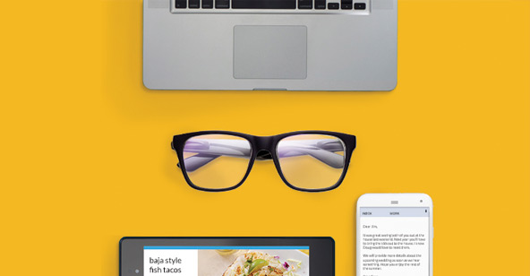 Screen time hurting eyes promotion glasses on yellow background with laptop, tablet and phone