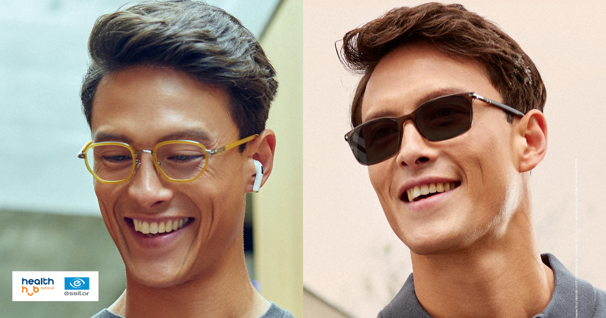 two males wearing glasses and sunglasses for health hub optical fortitude valley with essilor branding